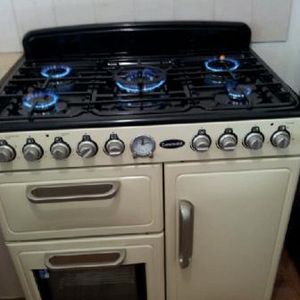 The image features a cream-coloured gas stove with a black grill top. It has four gas burners, each with visible blue flames, and knobs for adjusting heat levels. The stove also includes two oven compartments below, one with a glass door, suggesting it’s designed for both cooking and baking.