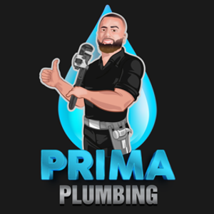 The image features a muscular cartoon plumber giving a thumbs up, holding a wrench, set against a blue water droplet backdrop. The text 'PRIMA PLUMBING' is prominently displayed in a bold, stylised font.